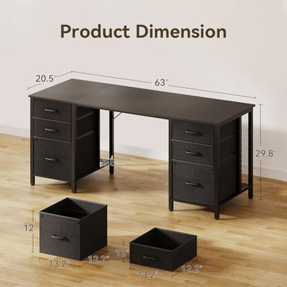 ODK 63 inch Computer Desk with 6 Fabric Drawers, Home Office Desk | Black Desk with File Drawers Cabinet with Large Storage for Home Office, Study, Gaming - color: Black
