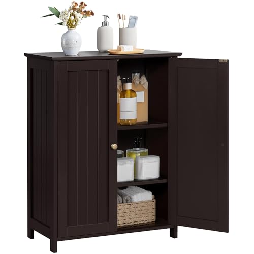 Yaheetech Small Bathroom Storage Cabinet for Towels with 2 Doors, Espresso | Slim Freestanding Floor Organizer, 2 Adjustable Shelves Hold Toiletries, Fits Halls or Laundry Rooms, Beadboard MDF, 12" Deep - color: Espresso, size: 24″ L × 12″ W × 32″ H