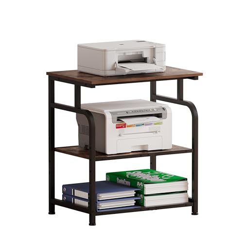 Unionly Large Rolling Printer Stand with Height Adjustable Shelf and Wheels | 3-Tier Rolling Printer Cart with Wheels, Heavy-Duty Wood Printer Table with strudy steel frame for Home Office,Rustic Brown - color: Rustic Brown
