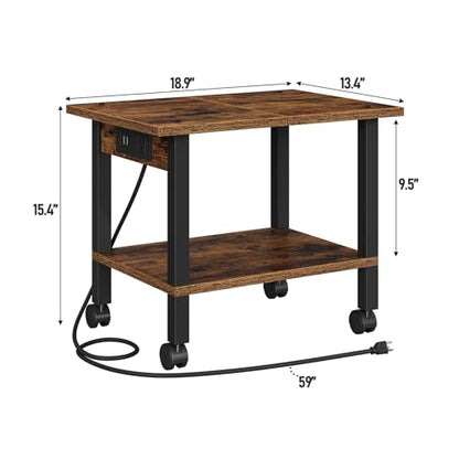 TUTOTAK Printer Stand, 2 Tier Rolling Printer Cart with Charging Station | Small Under Desk Printer Table with Wheels for Small Space, Office, Home, Brown PS01BB001P - color: Brown, size: 2 tier(18.9 x 11.8 x 15.4inchs)