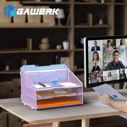 GAWERK Letter Tray Organizer, Mesh Desk File Organizer with 3 Paper Trays and 2 Vertical Upright Section (Purple) - color: Purple