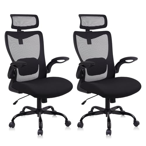 CLATINA Heavy Duty Ergonomic Mesh Office Chair 400LBS, Big and Tall Desk Chair with Adjustable Lumbar Support & Headrest, Flip Up Padded Arms, Swivel Computer Chair for Home, Conference, Black, 2 PACK - size: 2 PK