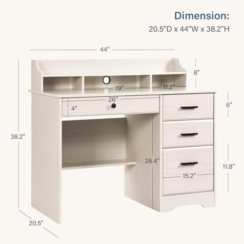 Small Desk with 4 Drawers, Computer Desk with File Drawer and Monitor Stand - color: Milky White