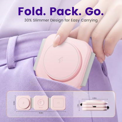 15W Magnetic Travel Charging Station, 3-in-1 Foldable MagSafe Charger - color: Blush Pink
