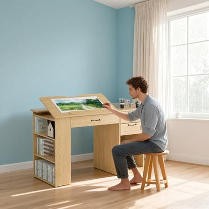 Drafting Table with Storage Cabinet & Drawers, Adjustable Drawing Desk with Open Shelves, Craft Table Painting Desk for Artists, Painters, Drawing, Crafting, Reading, Writing, Working - color: Oak