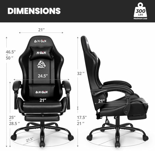 N-GEN GAMING Gaming Chair with Footrest, Lumbar, High-Back, Carbon Black | Reclining Backrest, Linkage Armrests, Durable PU Leather, Adjustable Comfort for Extended Computer, Desk, or Home Office Use - color: Carbon Black