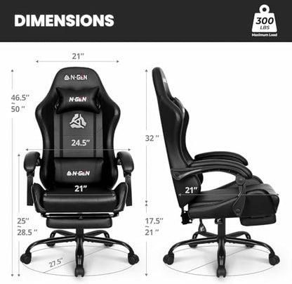 N-GEN GAMING Gaming Chair with Footrest, Lumbar, High-Back, Carbon Black | Reclining Backrest, Linkage Armrests, Durable PU Leather, Adjustable Comfort for Extended Computer, Desk, or Home Office Use - color: Carbon Black