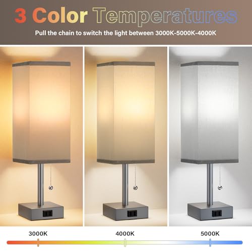 Bedside Lamp for Bedroom Set of 2 - Grey Table Lamp for Nightstand | AC Outlet, 3 Color Temperatures, LED Bulb Included, Pull Chain Design, 14" Rectangular Desk Lamp for Dorm/Office, 2-Pack - color: Grey & Grey, size: 14.3In