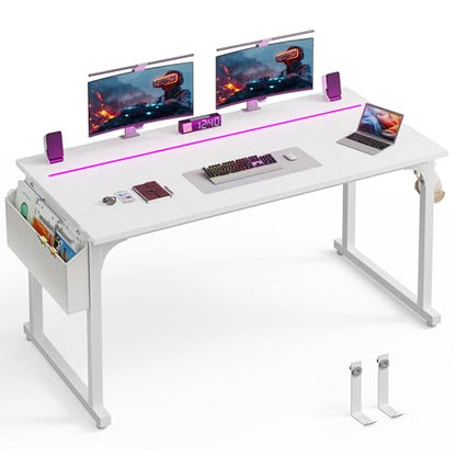 DurayLoly 55 Inch Computer Desk with Waterproof LED Lights for Bedroom - color: White, size: 55 Inch
