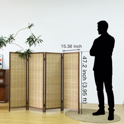 4 Panel Short Panel Divider Screen,3.95 FT Tall Bamboo Room Divider Folding Privacy Screen,Short Panel Divider Freestanding Room Divider for Room Seperation,Brown - color: Brown, size: 4 Panel