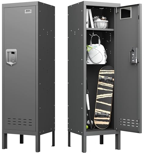 BUTISOW Metal Storage Locker with Lock & Card Slot Locker - Secure Lockable Door - Steel Locker for School, Office, Gym, Home - 54" H x 15" W x 15" D（1 Door, Grey） - color: Grey, size: 1 Door - (54" H x 15" W x 15" D)