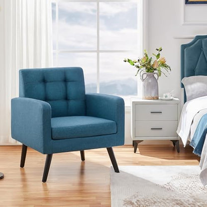 Yaheetech Mid Century Accent Chair Living Room Chair Navy Blue | Linen-Like Upholstered Sillones Para Sala, Modern Reading Nook Chair, Button Tufted Back, Rubberwood Legs, Bedroom Office - color: Navy Blue, size: set of 1
