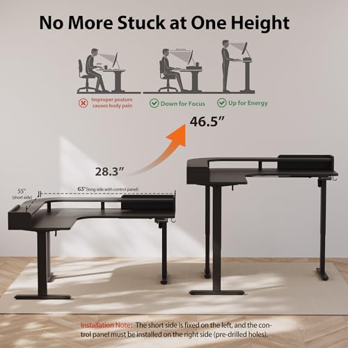 Agilestic L Shaped Standing Desk with Monitor Shelf, 63 Inch, Black - color: Black, size: 63 x 55 Inch with shelf