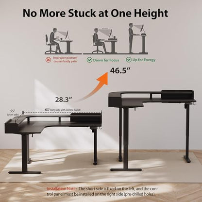 Agilestic L Shaped Standing Desk with Monitor Shelf, 63 Inch, Black - color: Black, size: 63 x 55 Inch with shelf