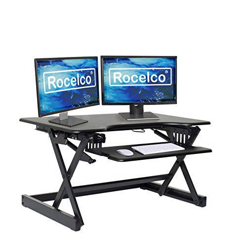 Rocelco 32" Height Adjustable Standing Desk Converter - Sit Stand Computer Workstation Riser - Dual Monitor Retractable Keyboard Tray Gas Spring Assist - Black (R EADRB2) - color: Black, size: 32", style: Riser Only
