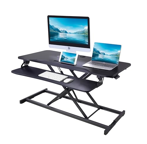 Rocelco 43" Height Adjustable Standing Desk Converter with Anti Fatigue Floor Mat - Tall Stand Up Tabletop Riser and Tablet Slot - Computer Workstation - Deep Keyboard Tray - Black (R VADRB-43-MAFM) - color: Black, size: 43", style: Riser + Floor Mat