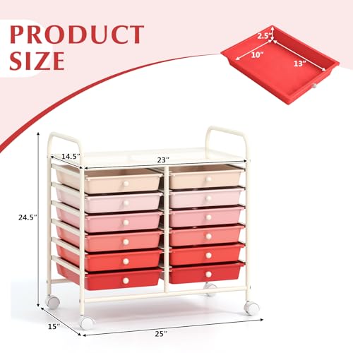 LDAILY Rolling Storage Cart with 12 Drawer for Classroom Storage, Pink - color: Gradient Pink, size: 12 Drawer
