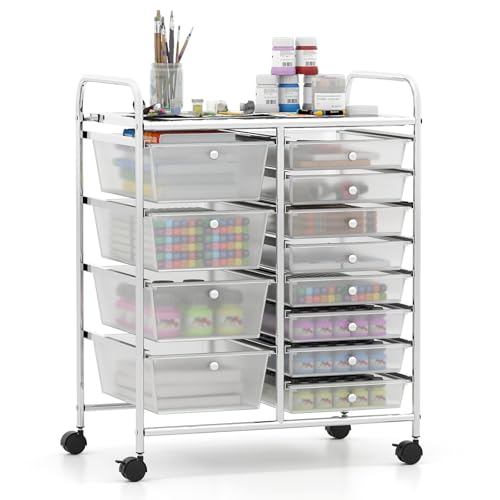 Giantex 12 Drawer Rolling Cart with Drawers, Storage Organizer Cart for Classroom Office School Teacher, Mobile Drawer Cart for Tools, Crafts, Small Printer, Clear - color: Clear, size: 12 Drawers (4 Big+8 Small)