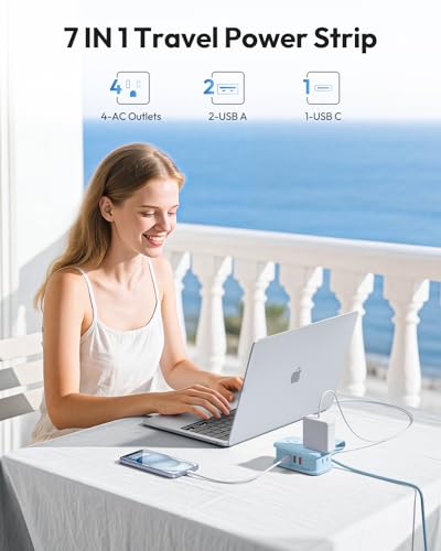 NTONPOWER Blue Travel Power Strip 20W, Travel Essentials 4 Outlets 3 USB(1 USB-C) with 4FT Wrapped Extension Cord Flat Plug, Vacation Essentials for Hotel Travel Camping Cruise Essentials 2026 - size: 1 Pack 4 Outlets 1 USB-C 2 USB-A, style: 20W-Blue