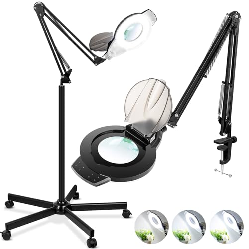 2200 Lumens Mag Lamp for Estheticians, 2-in-1 Magnifier Floor Light | 144 LED Stepless Dimmable, 10X Real Glass, 4 Wheel Rolling Stand Mag Lamp for Estheticians Facial Tattoo Craft Reading - color: Black
