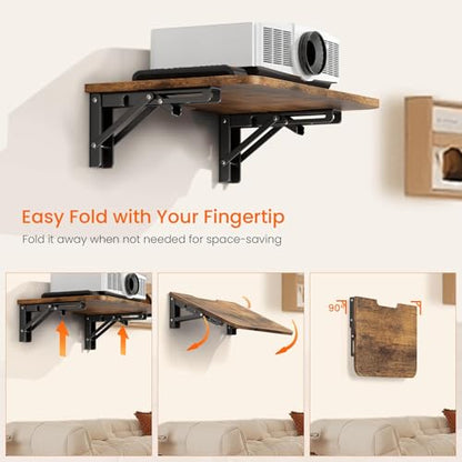 Projector Shelf for Wall, Foldable Floating TV Shelf, Rustic Brown | Wall Mount DVD Shelf with Heavy-Duty Brackets Under TV for Cable Box, Games Console, 16.5 x 11 Inches - color: Rustic Brown
