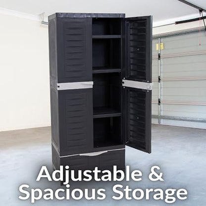 Sunnydaze 57" Garage Storage Cabinet with Locking Doors & Shelves, Shadow - color: Shadow, style: With Drawer - 57.5" H