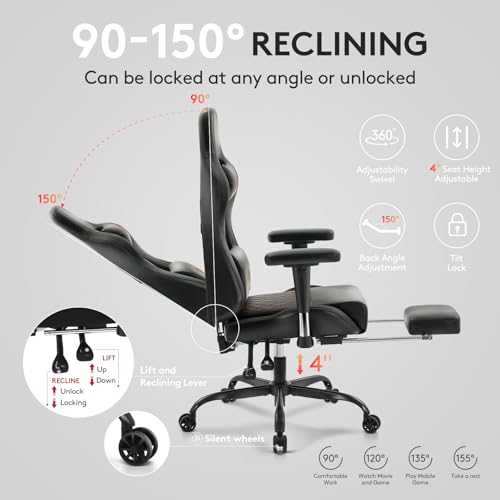 Gaming Chair,Office Chair with Footrest,Massage,Black Red | Gel Pad,Ergonomic,Spring Cushion,High Back,2D Adjustable Arms,Reclining,Lumbar Support,Headrest,Leather Gamer Chair - color: Black Red