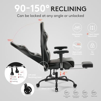 Gaming Chair,Office Chair with Footrest,Massage,Black Red | Gel Pad,Ergonomic,Spring Cushion,High Back,2D Adjustable Arms,Reclining,Lumbar Support,Headrest,Leather Gamer Chair - color: Black Red