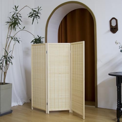 3 Panel Short Panel Divider Screen,3.95 FT Tall Bamboo Room Divider Folding Privacy Screen,Short Panel Divider Freestanding Room Divider for Room Seperation,Beige - color: Beige, size: 3 Panel