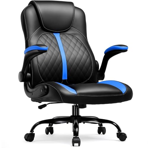 COMHOMA Office Computer Gaming Chair Ergonomic Desk Chair for Adults with Lumbar Support Flip-Up Arms Adjustable Height Swivel Wheels PU Leather Executive Design for Short People Use, Blue - color: Nblue