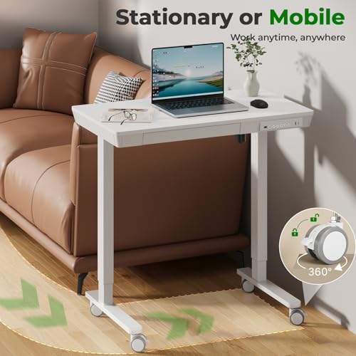 35" Electric Standing Desk with Drawer, 4 Lockable Wheels - color: White Wood-top, size: 35"
