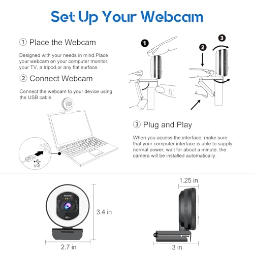 4K Webcam with Ring Light & Built-in Microphone for PC Streaming - size: 3.40 inch