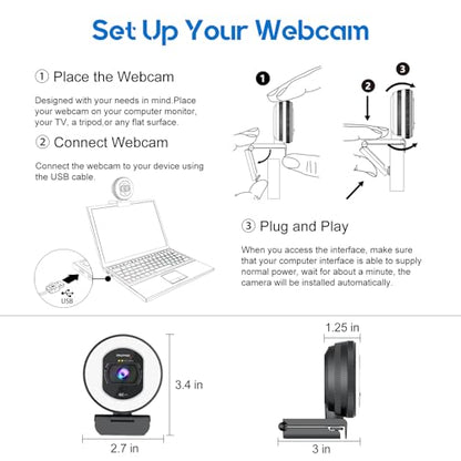 4K Webcam with Ring Light & Built-in Microphone for PC Streaming - size: 3.40 inch