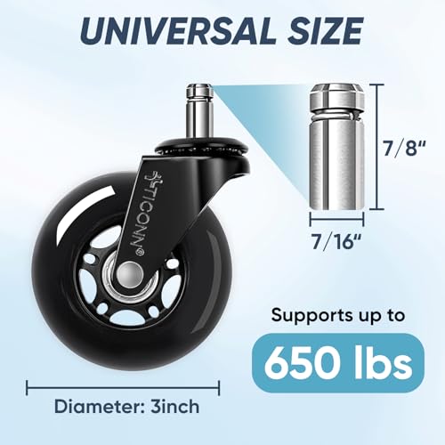 TICONN Office Chair Caster Wheels Set of 5 for Tile, Hardwood Floors and Carpets, Universal Fit for Most Chairs (Black) - style: Black