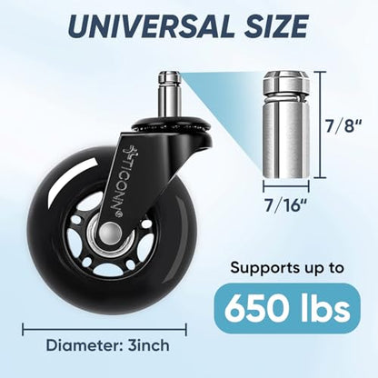 TICONN Office Chair Caster Wheels Set of 5 for Tile, Hardwood Floors and Carpets, Universal Fit for Most Chairs (Black) - style: Black