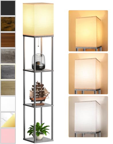 Floor Lamp with Shelves for Living Room, Shelf Floor Lamp with 3 CCT LED Bulb, Corner Display Standing Column Lamp Etagere Organizer Tower Nightstand with White Linen Shade for Bedroom, Dark Gray - color: Dark Gray