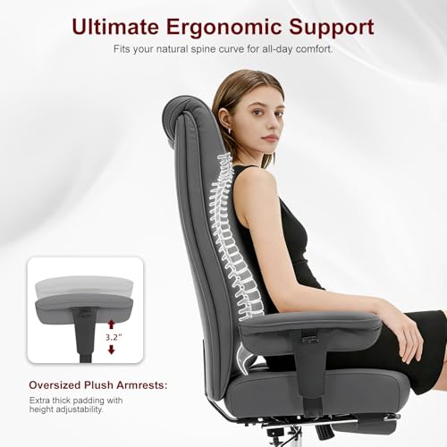 EXCEBET Big and Tall Office Chair 400lbs Wide Seat, Leather High Back Executive Office Chair with Foot Rest, Ergonomic Chairs Lumbar Support for Lower Back Pain Relief (Grey) - color: Charcoal Grey