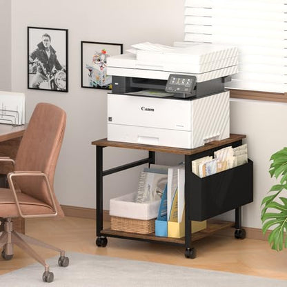 Lerliuo Brown Large Printer Stand with Storage | 23.6" W x 23.6" D x 22.8" H Printer Table for Home Office, Rolling Printer Cart Holder with Lockable Wheels & Side Pocket - color: Brown