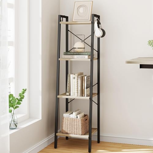 Hzuaneri Ladder Shelf, Bookshelf, Freestanding Corner Storage Shelf | Bookcase with 2 Hooks for Office, Living Room, Kitchen, Bedroom, Industrial, 11.8"D x 13.4"W x 47.2"H, Greige BC13205B - color: Greige, size: 11.8"D x 13.4"W x 47.2"H