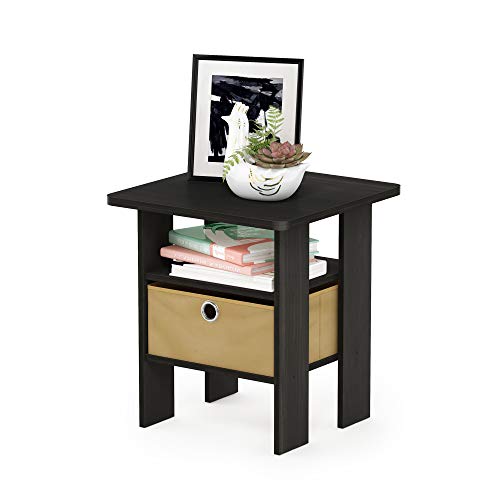Furinno ANDREY Square Side Table, End Table, Night Stand, Espresso | Open Shelves, Storage Bin, Soft-Corner, Modern Bedside Table for Small Spaces, Study, Dorm, Living Room, Bedroom - color: Espresso/Brown, size: 1-Pack, Center Bin