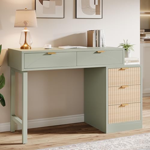 Tribesigns Computer Desk with 5 Drawers, Reversible Small Writing Desk with Storage, Modern Wooden Study Table Workstation for Home Office, Small Spaces, Mint Green
