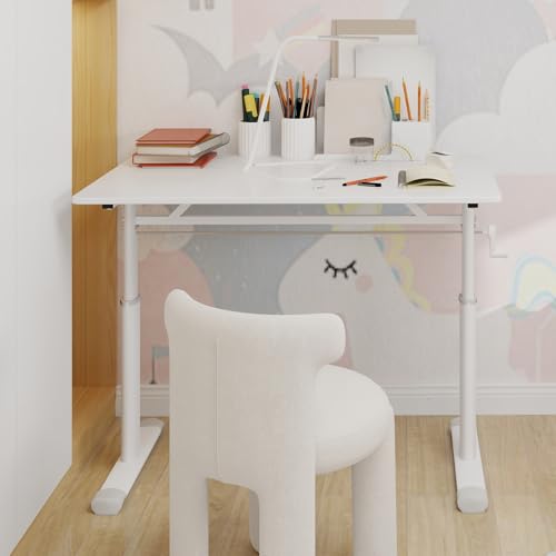 39" Hand-Crank Adjustable Modern Office Desk, Compact Computer Desk with Wide Footstand, Computer Table for Sitting/Standing Home Work, White - color: White