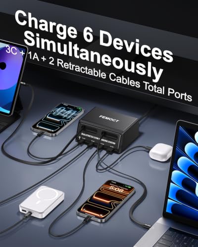 Retractable Charger, 6-in-1 210W GaN USB C Charging Station for Multiple Devices, Dual 2.3ft Built-in Retractable Cables, PD 45W Fast Usbc Desktop Charger for iPhone 17/16/15, Galaxy S26, and More