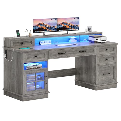 BTHFST 59.1" Executive Desk with File Drawer, Charging Station, Grey - color: Grey
