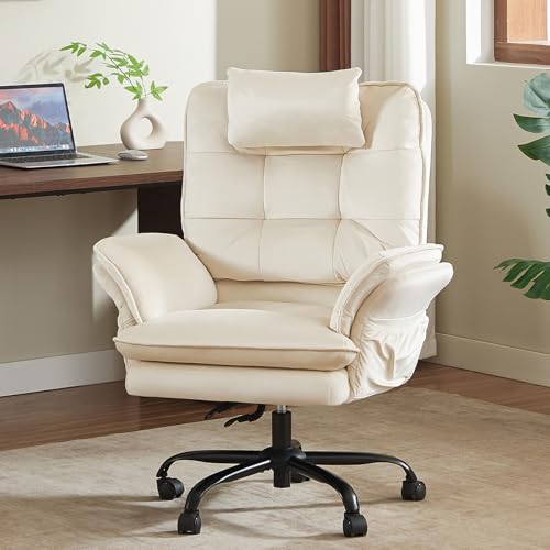 Bestier Swivel Executive Chair with Wheels and Headrest, Velvet Beige | 135° Reclining office chair with Flip-Up Armrests and Side Pockets, Wide and Tall Computer Gaming Chair for Home Makeup - color: Beige Velvet, size: High Back