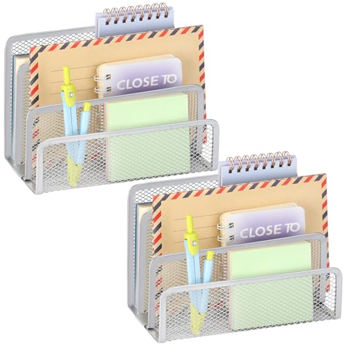 2 Pieces Desk Mail Organizer, Metal Mesh Small File Holders Letter Organizer, Bill/Document/Filing/Folders/Paper Organizer for Desktop (GREY-2PCS) - color: GREY-2PCS