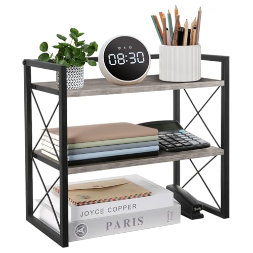 YINMIT Desktop Shelf Organizer, 2 Tier Office Shelves, Wood Desk Organizer Storage Rack and Freestanding Display Shelf for Office, Dormitory, Home (Grey) - color: Grey