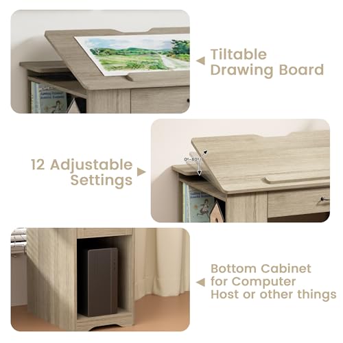 Drafting Table with Storage Cabinet & Drawers, Adjustable Drawing Desk with Open Shelves, Craft Table Painting Desk for Artists, Painters, Drawing, Crafting, Reading, Writing, Working (Grey) - color: Grey