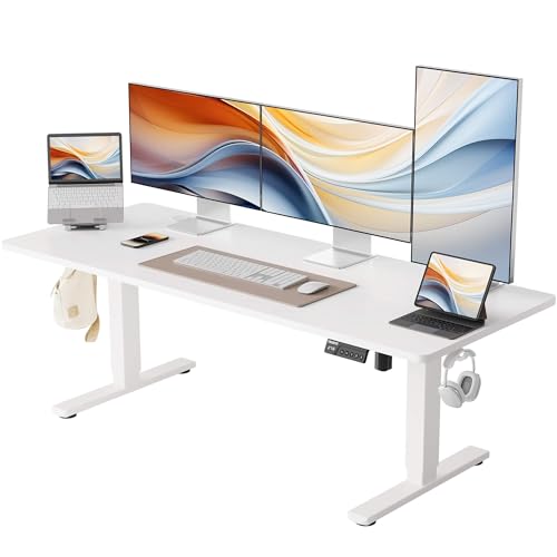 YIHAYO Low Height Adjustable Desk, Lifts 18.1-28.3 Inches, Electric Standing Desk for Short People, 60 x 24 Inches Computer Table with Splice Board for Home Office, White - color: White Frame/White Top, size: 60*24 Inch