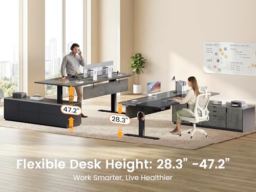 SEDETA 71" Executive Large L Shaped Electric Standing Desk, Grey | Height Adjustable Executive Desk with 3 Drawers and Cabinet,Sit Stand Up Home Office Desk with Power Outlets & Side Hook - color: Grey